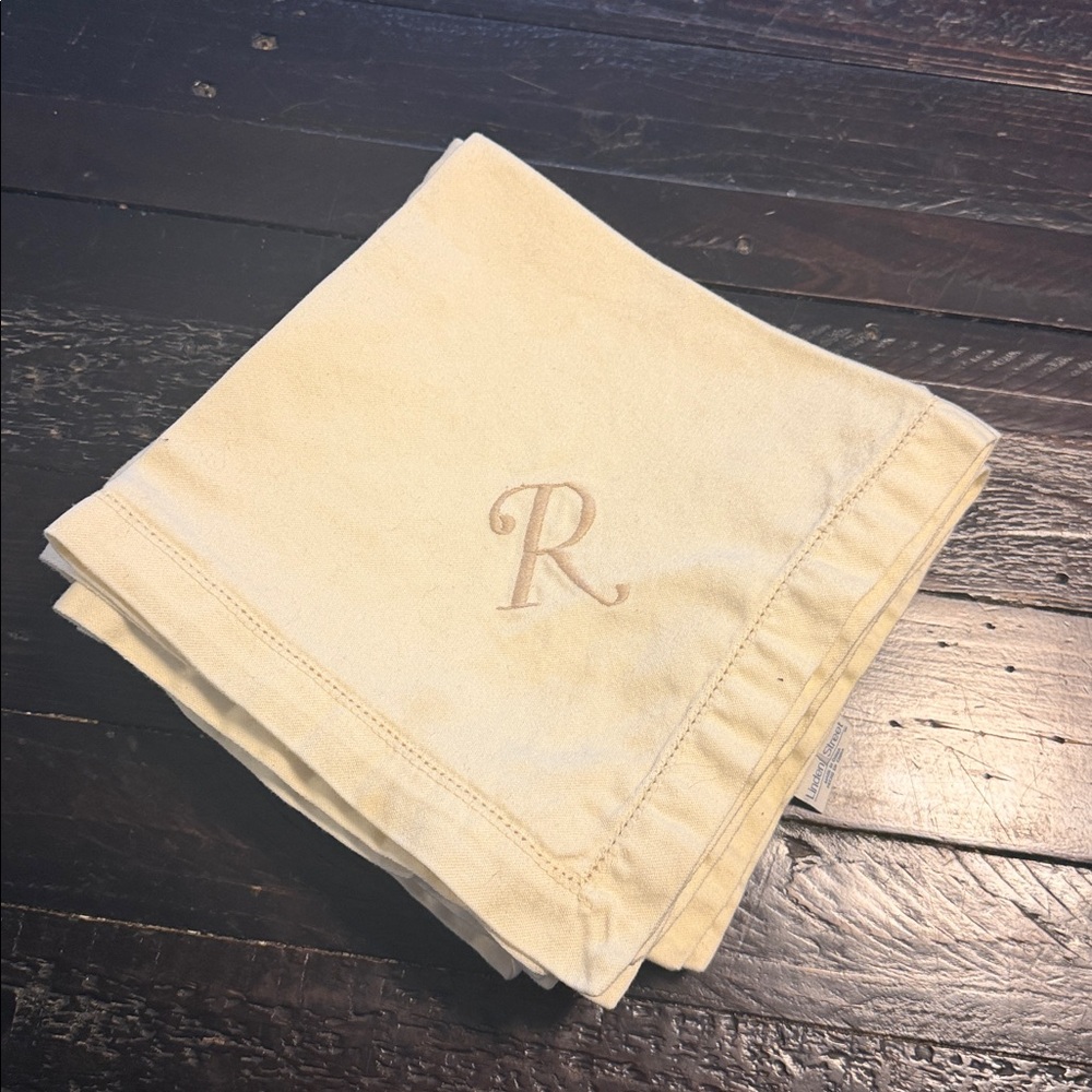 Set of 8 Monogram “R” Linen Napkins Ivory Embroidered Cloth Dinner Napkins